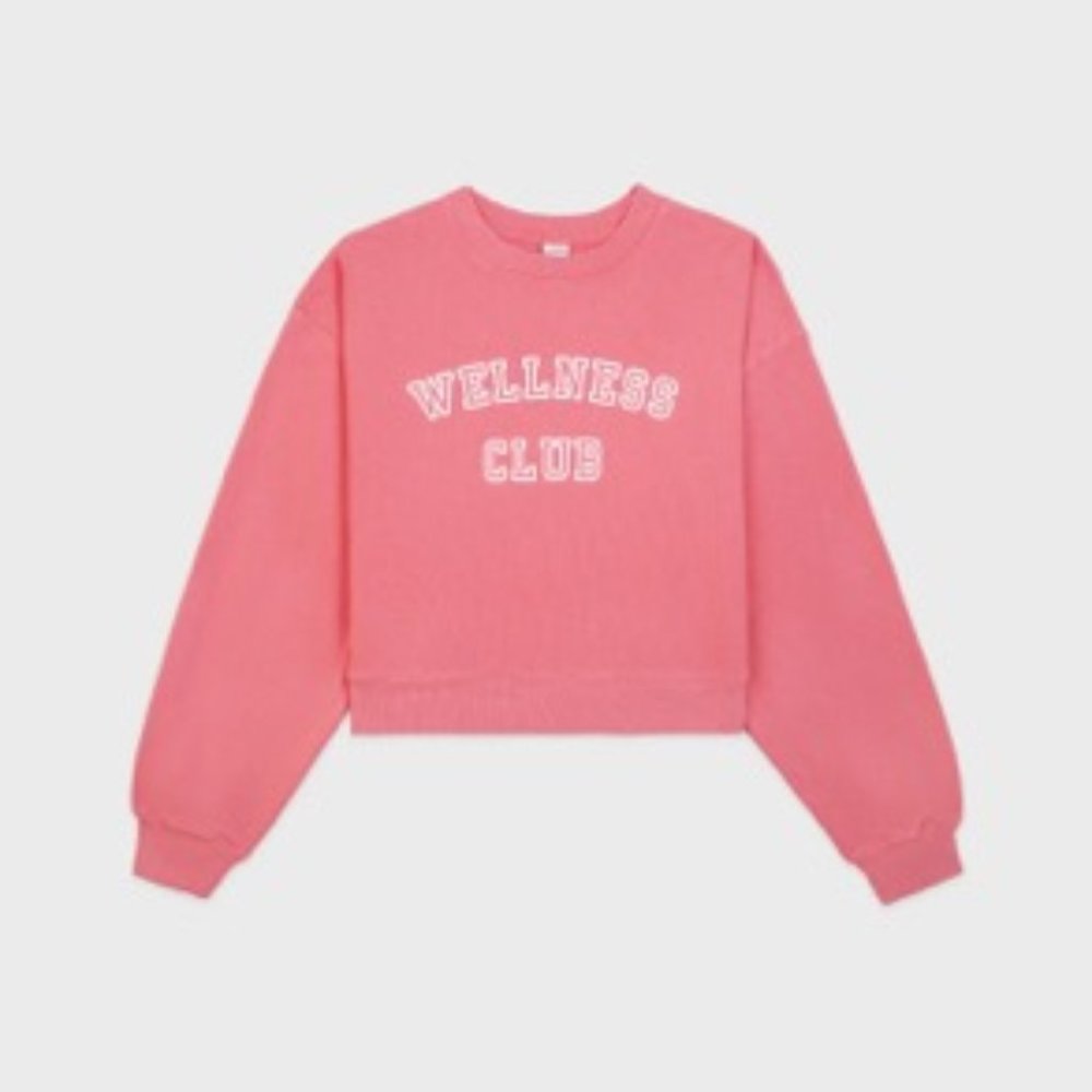 NEW Sporty & Rich Wellness Club Flocked Cropped Crewneck Sweatshirt Dahlia Pink